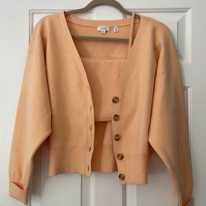 ALC peach camisole and matching cardigan V-neck sweater set.